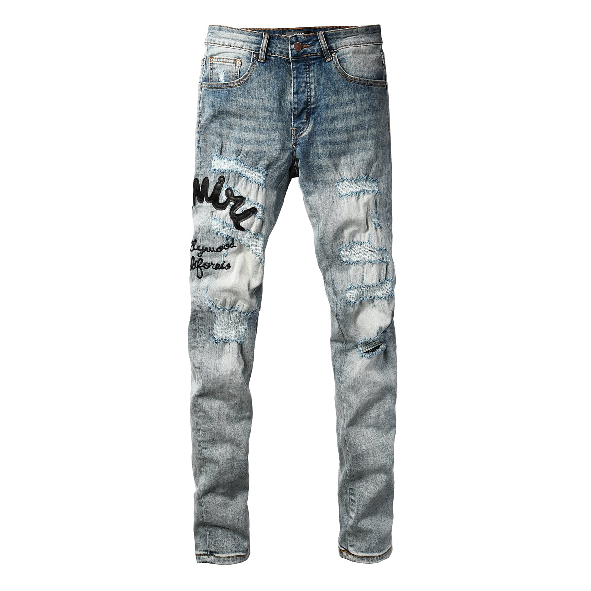 Vaqueros ajustados desgastados de lavado claro para hombre con letras bordadas estilo urbano Denim 8931