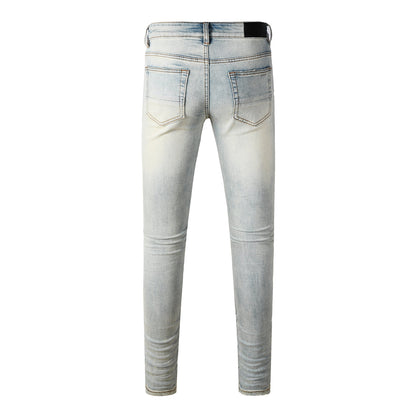 Men's Light Blue Ripped Skinny Jeans with Red Patch Detailing Urban Streetwear Denim (8932-8887)