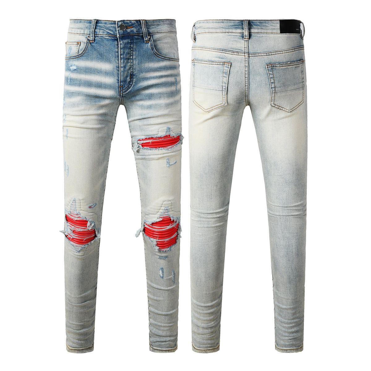 Men's Light Blue Ripped Skinny Jeans with Red Patch Detailing Urban Streetwear Denim (8932-8887)