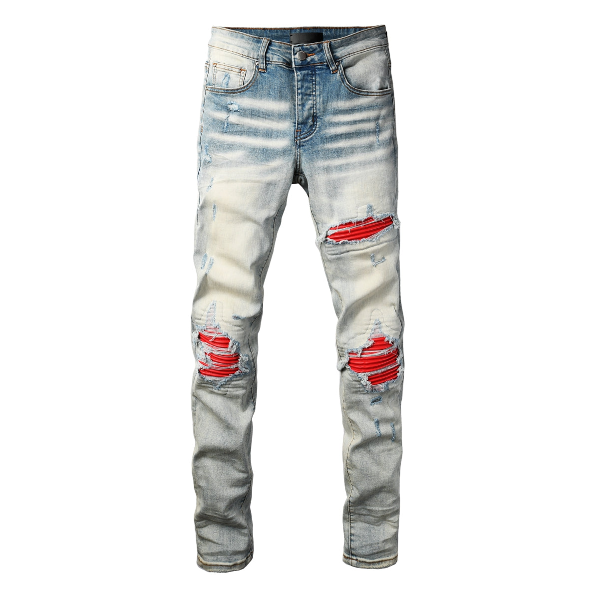 Men's Light Blue Ripped Skinny Jeans with Red Patch Detailing Urban Streetwear Denim (8932-8887)