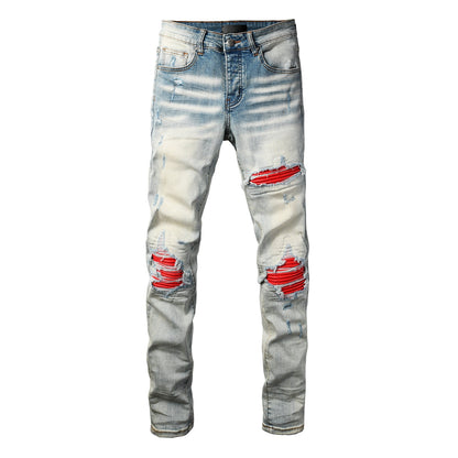 Men's Light Blue Ripped Skinny Jeans with Red Patch Detailing Urban Streetwear Denim (8932-8887)