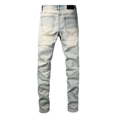 Men's Light Blue Ripped Skinny Jeans with Red Patch Detailing Urban Streetwear Denim (8932-8887)