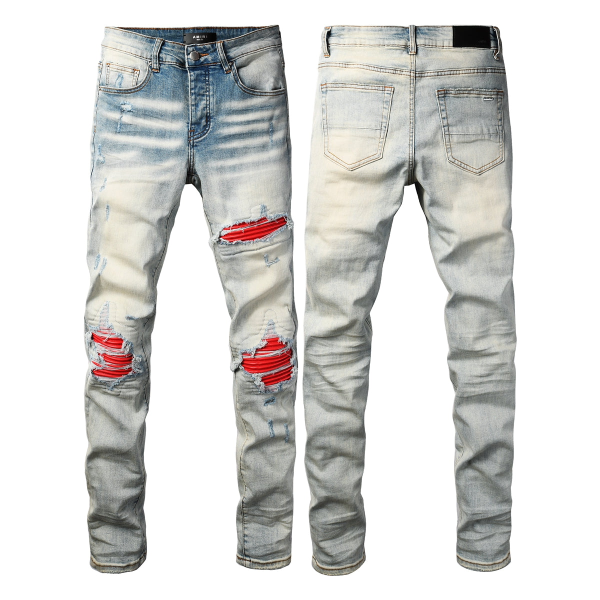 Men's Light Blue Ripped Skinny Jeans with Red Patch Detailing Urban Streetwear Denim (8932-8887)