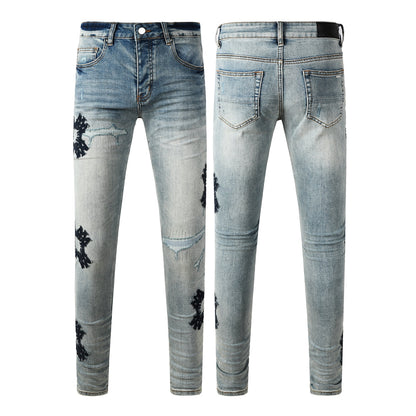 Men’s Light Blue Ripped Jeans with Cross Patch Design 8936
