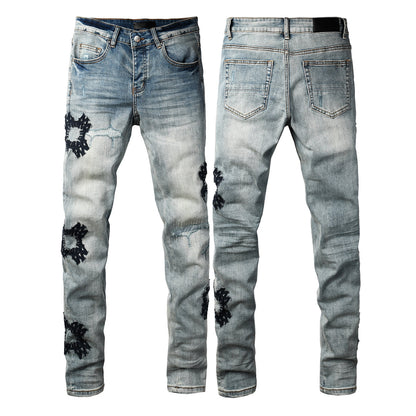 Men’s Light Blue Ripped Jeans with Cross Patch Design 8936