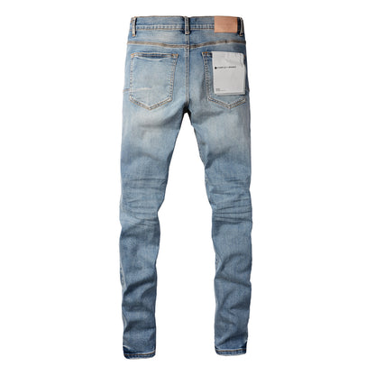 Men’s Light Blue Skinny Jeans with Black Pixel Letter Print Street Style Denim Pants 9052