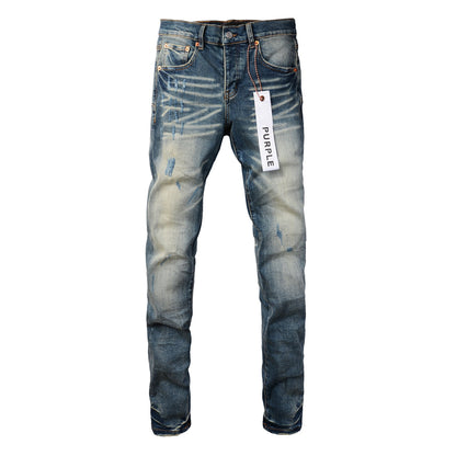 New Pop Style Purple Mens Bleach Pants Made Old Skinny Blue Denim Jeans 9055