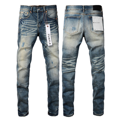 New Pop Style Purple Mens Bleach Pants Made Old Skinny Blue Denim Jeans 9055