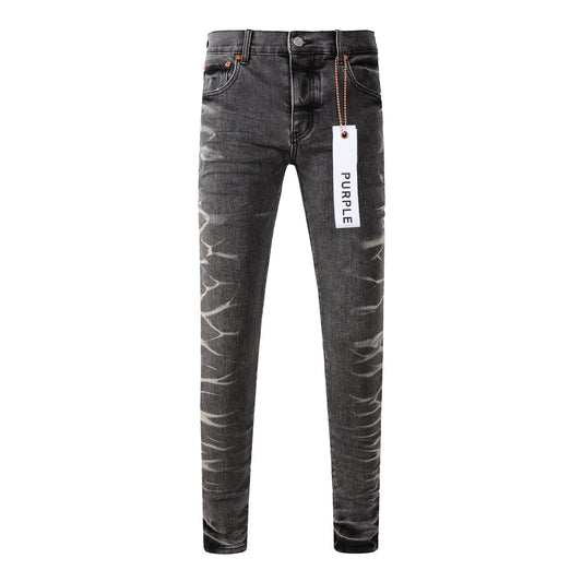 Mens Grey Slim Fit Washed Denim Jeans Unique Bleach Effect Streetwear Casual Pants 9056