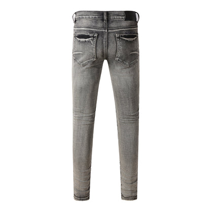 Men Classic Streetwear Jeans Distressed Black Grey Ripped Skinny 9068