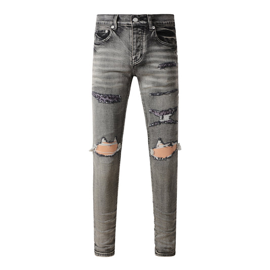 Men Classic Streetwear Jeans Distressed Black Grey Ripped Skinny 9068
