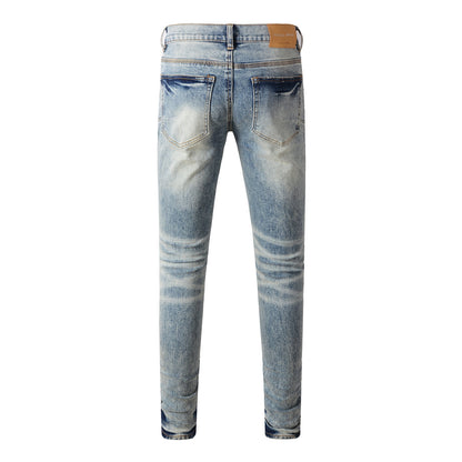 Men Streetwear Jeans Distressed Light Blue Patch Leopard Ripped Skinny 9095
