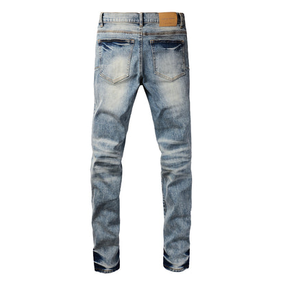Men Streetwear Jeans Distressed Light Blue Patch Leopard Ripped Skinny 9095