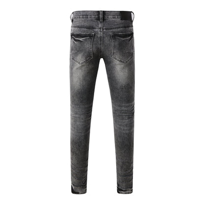 Men Streetwear Jeans Distressed Grey Ripped Patch Leopard Skinny 9102