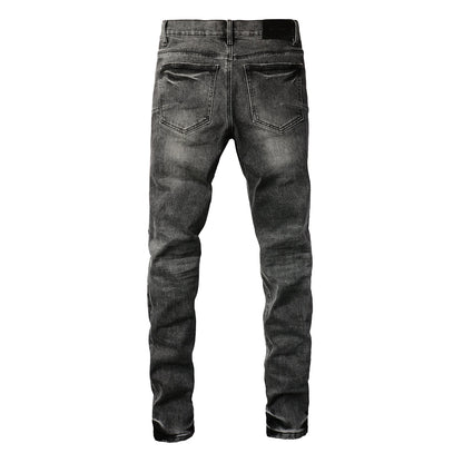Men Streetwear Jeans Distressed Grey Ripped Patch Leopard Skinny 9102