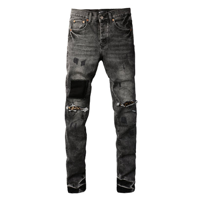 Men Streetwear Jeans Distressed Grey Ripped Patch Leopard Skinny 9102