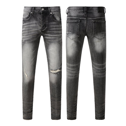 Men Classic Streetwear Jeans Distressed Grey Ripped Skinny Fit 9103