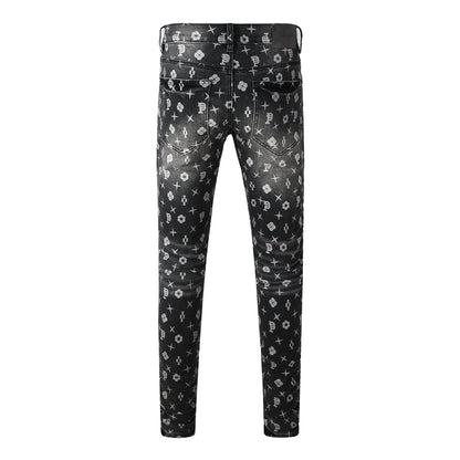 Men Classic Street Skinny Jeans Dark Grey Monogram Print All Over Distressed Style PU9112