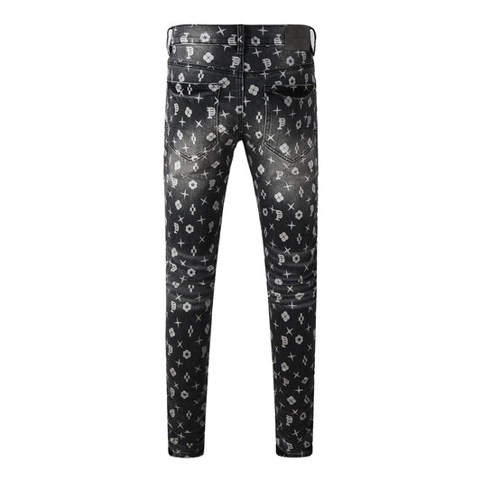 Men Classic Street Skinny Jeans Dark Grey Monogram Print All Over Distressed Style PU9112