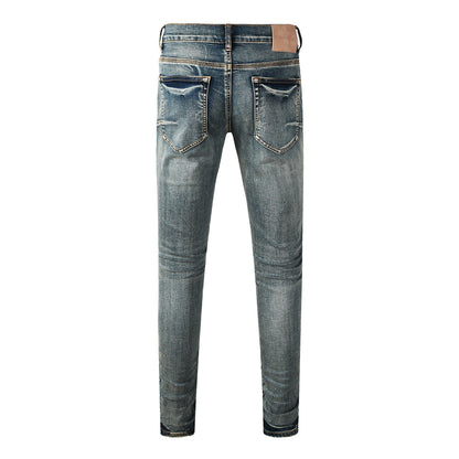 Men’s Dark Blue Slim Fit Jeans with Heavy Distressed Red Patchwork Details for Edgy Streetwear Style 9114