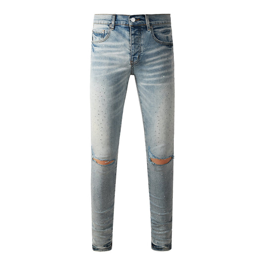 Men Streetwear Skinny Jeans Light Blue with Rhinestone Studs and Distressed Details PU9119