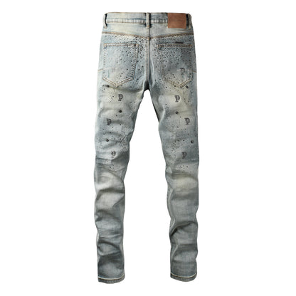 Trendy Light Blue Jeans for Men Slim Fit with Black Print Elements and Allover Crystal Details 9127