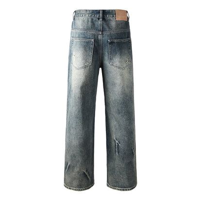 Mens Designer Washed Blue Jeans Loose Fit with Crystal Embellishment and Edgy Ripped Look 9131
