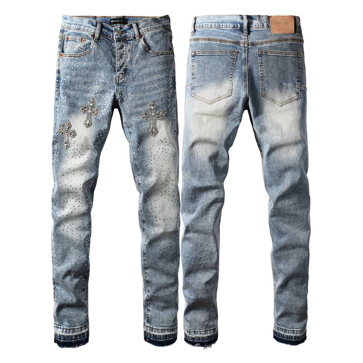 Mens Light Blue Skinny Jeans with Crystal Cross Design and Allover Rhinestone Embellishment 9132
