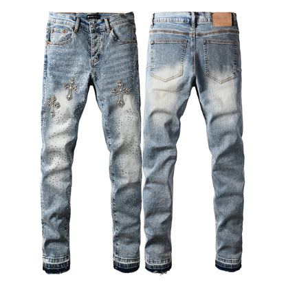 Mens Light Blue Skinny Jeans with Crystal Cross Design and Allover Rhinestone Embellishment 9132