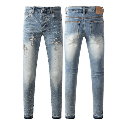 Mens Light Blue Skinny Jeans with Crystal Cross Design and Allover Rhinestone Embellishment 9132