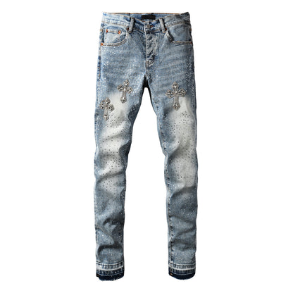 Mens Light Blue Skinny Jeans with Crystal Cross Design and Allover Rhinestone Embellishment 9132