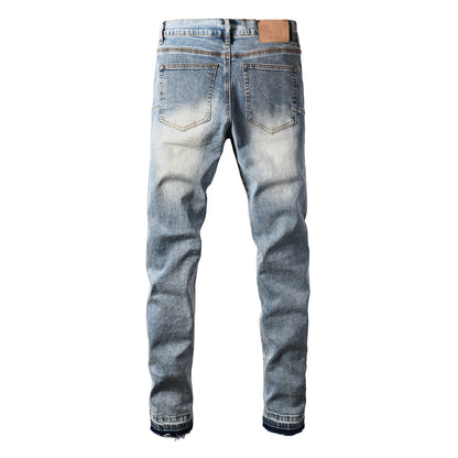 Mens Light Blue Skinny Jeans with Crystal Cross Design and Allover Rhinestone Embellishment 9132