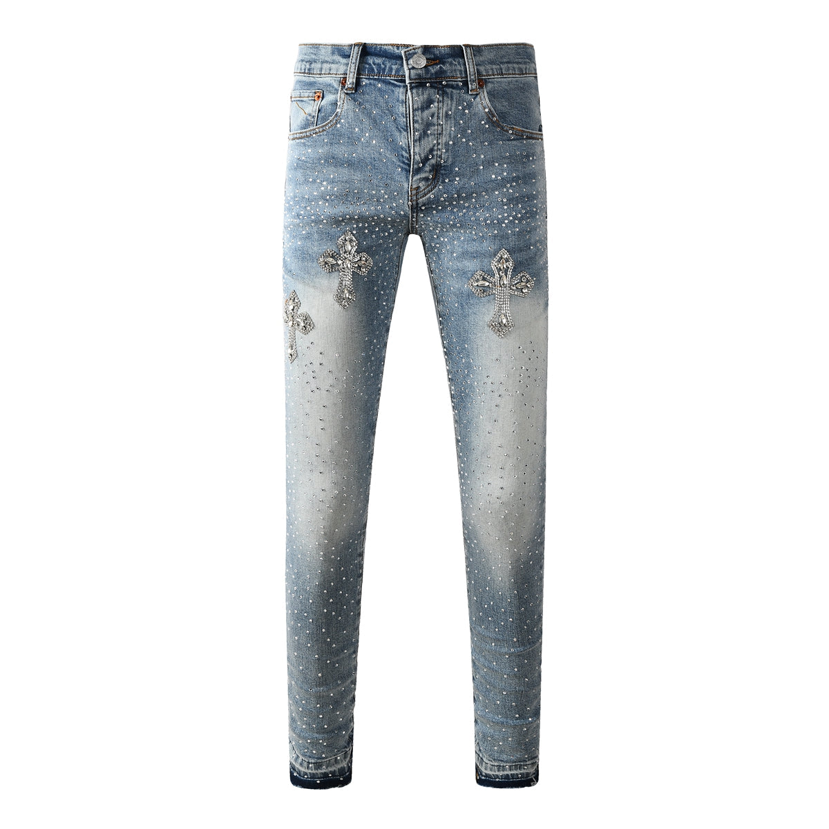 Mens Light Blue Skinny Jeans with Crystal Cross Design and Allover Rhinestone Embellishment 9132