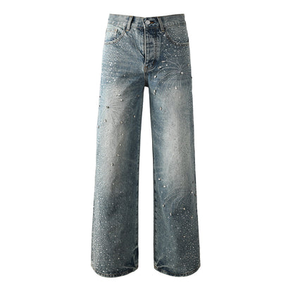 Mens Vintage Washed Wide Leg Jeans with Crystal Firework Pattern and Allover Rhinestone Accents 9133