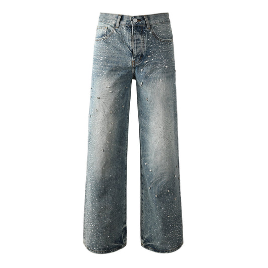 Mens Vintage Washed Wide Leg Jeans with Crystal Firework Pattern and Allover Rhinestone Accents 9133