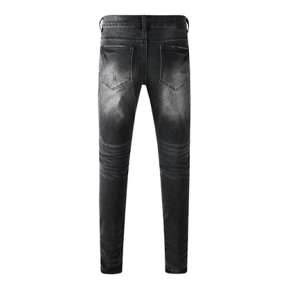 Vintage Distressed Black Denim Jeans Men Slim Fit Patchwork Stylish Pants 9135