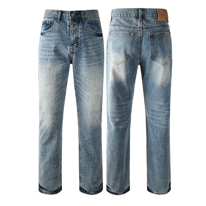 Rhinestone Decor Light Blue Denim Jeans Men Straight Leg Stylish Pants 9137