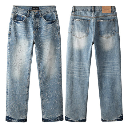 Rhinestone Decor Light Blue Denim Jeans Men Straight Leg Stylish Pants 9137