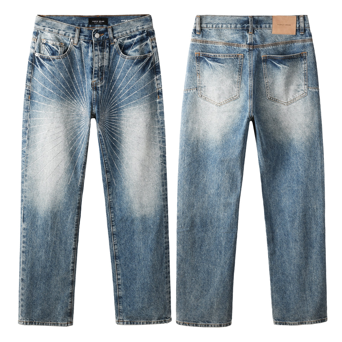 Stylish Blue Denim Jeans Men Straight Leg Pants with Sunburst Embroidery 9138