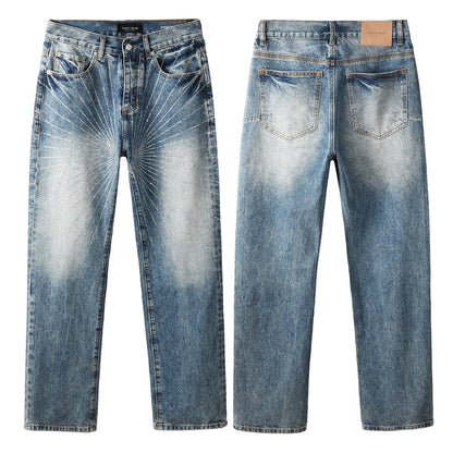 Stylish Blue Denim Jeans Men Straight Leg Pants with Sunburst Embroidery 9138