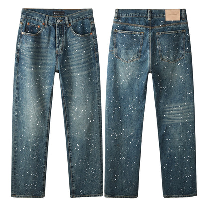 Casual Dark Blue Jeans Men Vintage Straight Denim Pants with Paint Detail 9139
