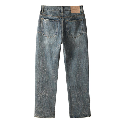 Chic Rhinestone Straight Leg Jeans – Classic High Waist Blue Denim 9140