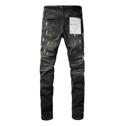 Mens Purple Ripped Jeans Stylish Slim Fit Black Paint High Street Denim Pants 9036
