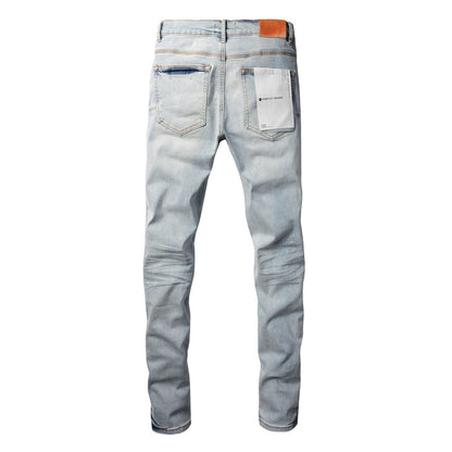 9048 Mens Purple Skinny Jeans with Ripped Detail Fashionable Denim Biker Pants with Patches and Printed Design Jeans Purple