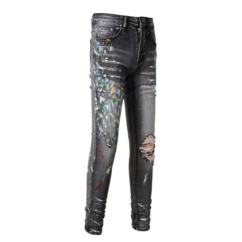 Vaqueros de marca de moda, efecto grafiti, salpicaduras de tinta, rotos, elásticos, ajustados, de mezclilla #1303