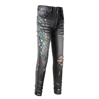 Vaqueros de marca de moda, efecto grafiti, salpicaduras de tinta, rotos, elásticos, ajustados, de mezclilla #1303