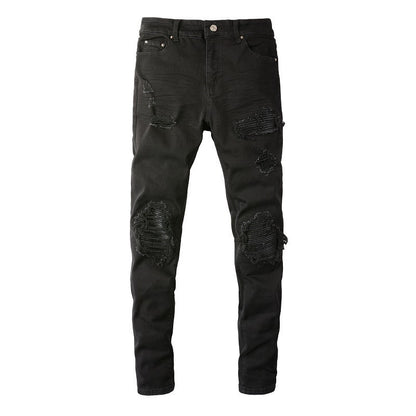 Men’s Slim Fit Black Jeans with Distressed Knee Rips and Layered Ribbed Panels for a Sleek Urban Style (602-8520)