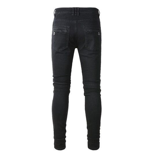 High Street Trend Multi-Pocket Stretch Slim-Fit Pants Knee Folds Locomotive Jeans 964
