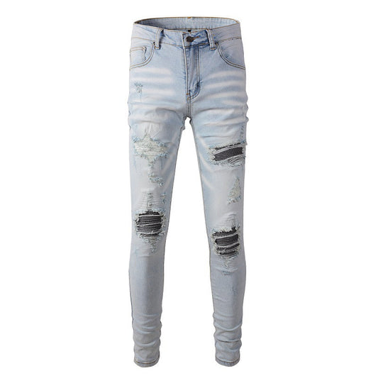High Street Trend Light Blue Patch Embroidery Flower Patch Slim Fit Ripped Jeans Men 6699