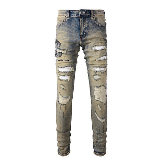 Retro Trendy Brand Embroidered Cobra Ripped Patch Jeans Elastic Slim Denim 6611